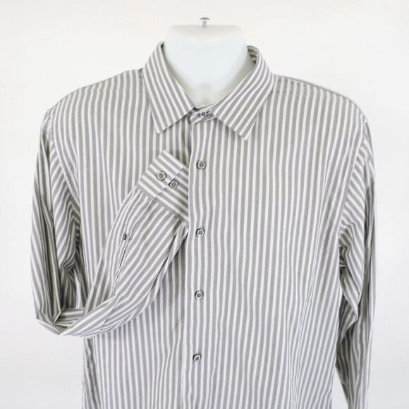 Apt. 9 Superfine 80% Cotton Gray White Striped‎ Large Collared Dress Shirt - Picture 1 of 10